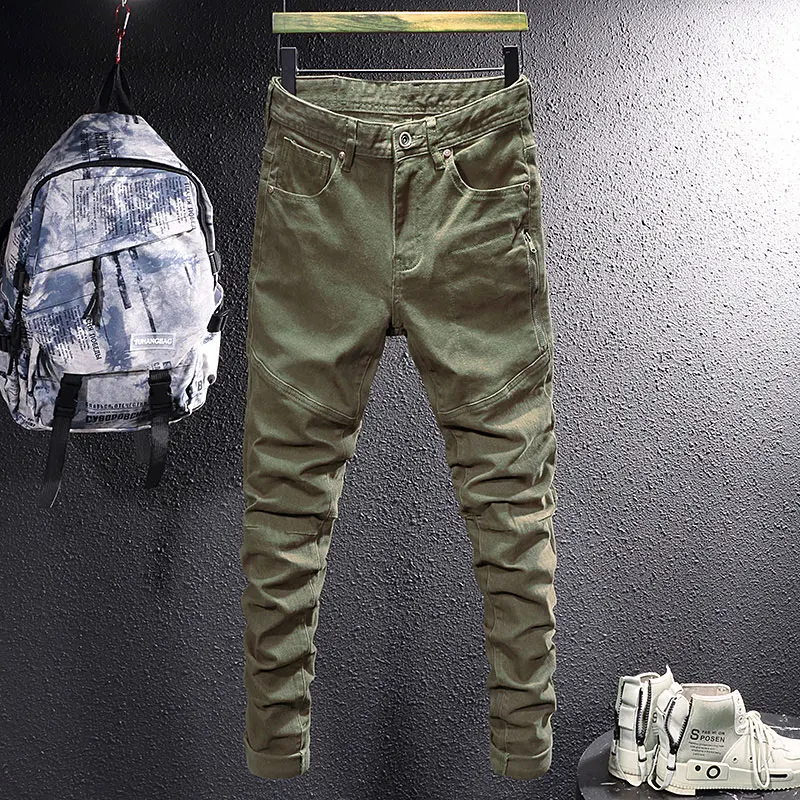 High Street Fashion Heren Jeans Camo Casual Stretch Slim Fit Rits Gesplitst Designer Jeans Heren Zwarte Vintage Denim Broek Hombre