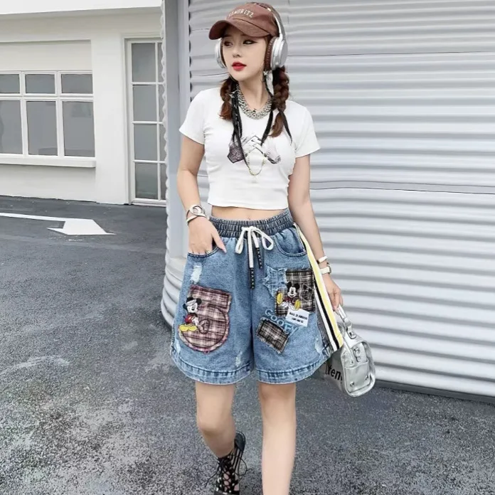 Summer New Korean Style Loose Versatile Cartoon Print Denim Shorts Women Hot Pants Ins Trend Elastic Waist Blue Denim Shorts