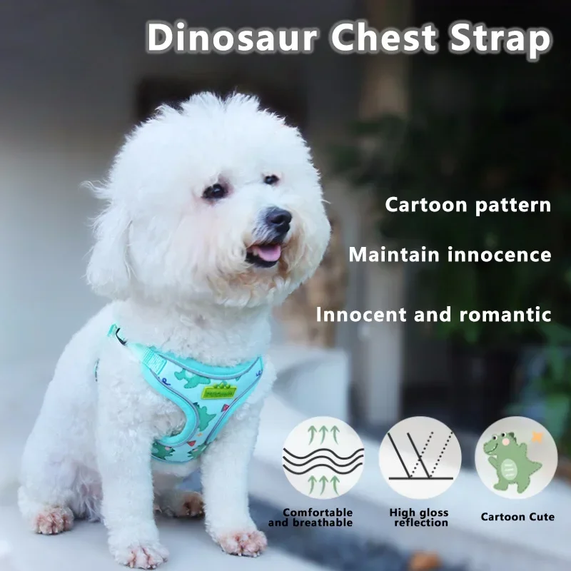 Pet Cartoon Dinosaur Cute Harnesses Breathable Mesh Chest Strap Traction Rope Small Dogs Reflective Chest Strap Pet Supplies