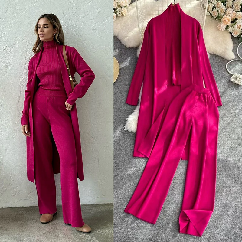 

European Style loose casual knitted suit women's long shawl cardigan+high neck sweater+wide leg pants three piece set