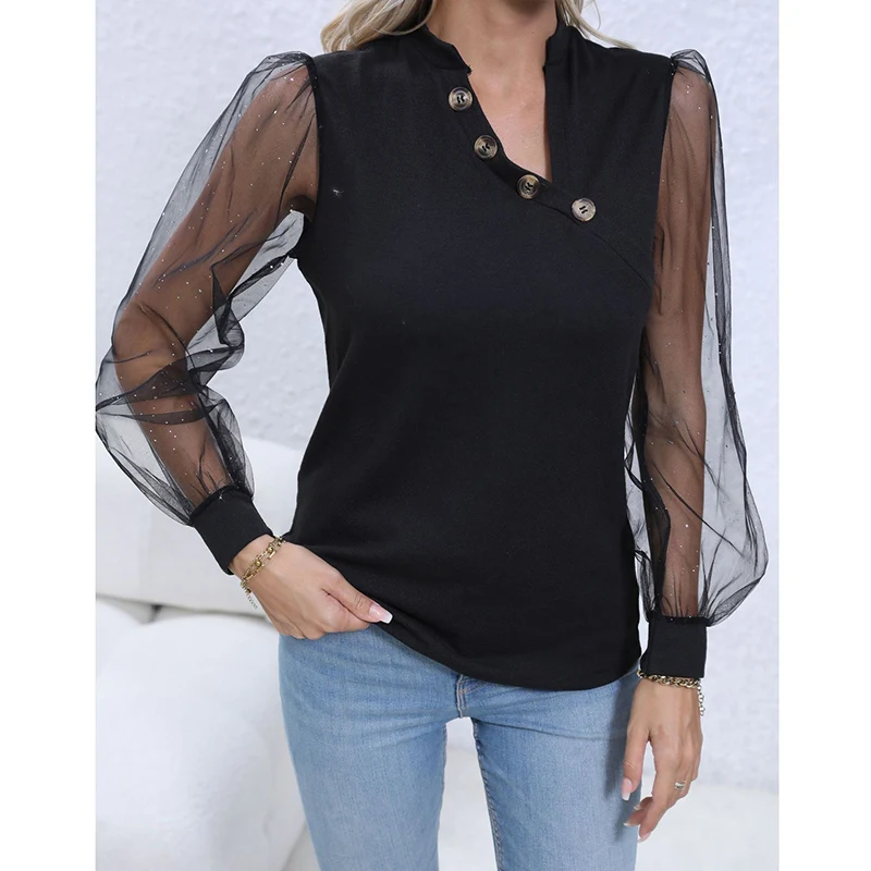 Autumn New Chic Trendy Shirt Women Vintage Elegant Solid Color Long Lantern Sleeve Gauze Button Irregular V Neck Patchwork Top