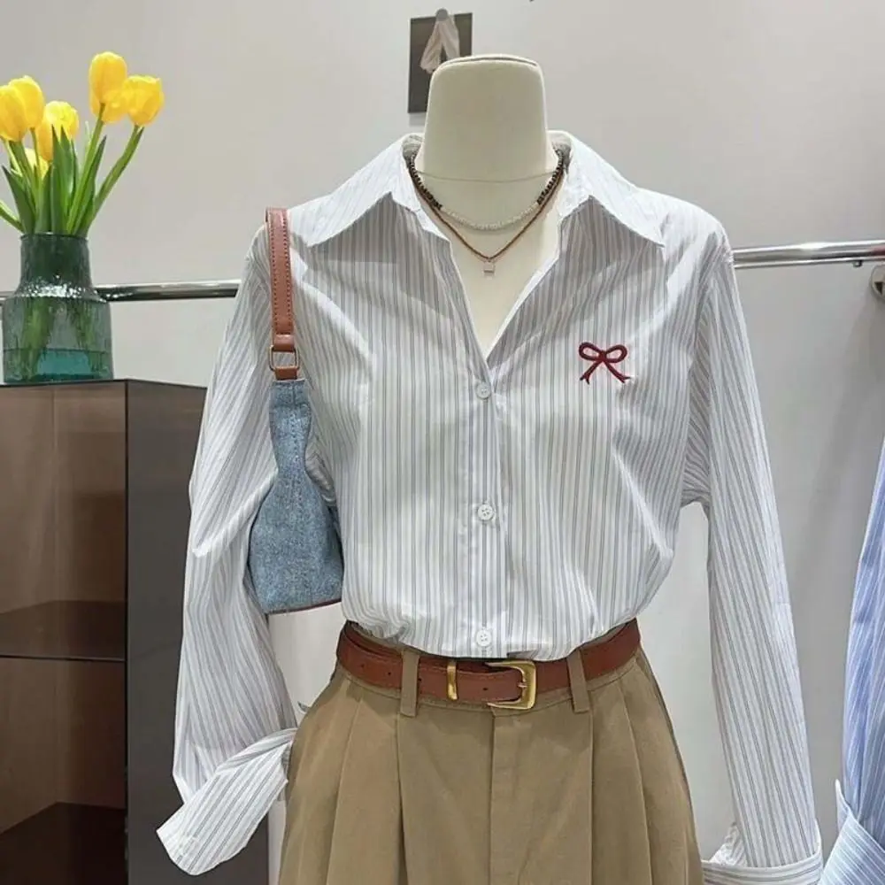 

Y2K полосатые рубашки на пуговицах в консервативном стиле, свободная полосатая блузка, женская блузка с вышивкой и бантом, весенне-осенняя блузка с длинными рукавами для девочек