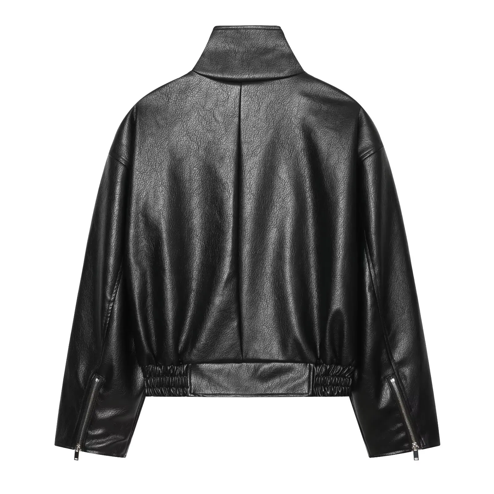 BSAY 2026 Herbst Neue Damen Stehkragen Kunstlederjacke Diagonaler Reißverschluss Kurze Motorradjacke Elastische Taschen Biker-Oberbekleidung – Detail 6