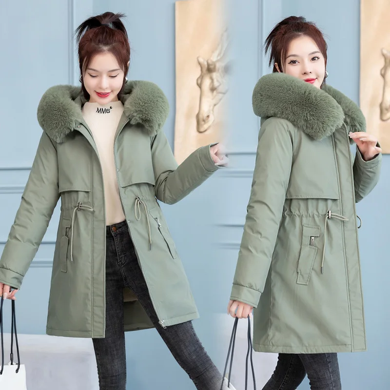 Women Hooded Parkas Coats Long Overcoat Solid Big Fur Lenth Collar Zipper Drawstring Waist Loose Thick Casual 2025 Autumn Winter