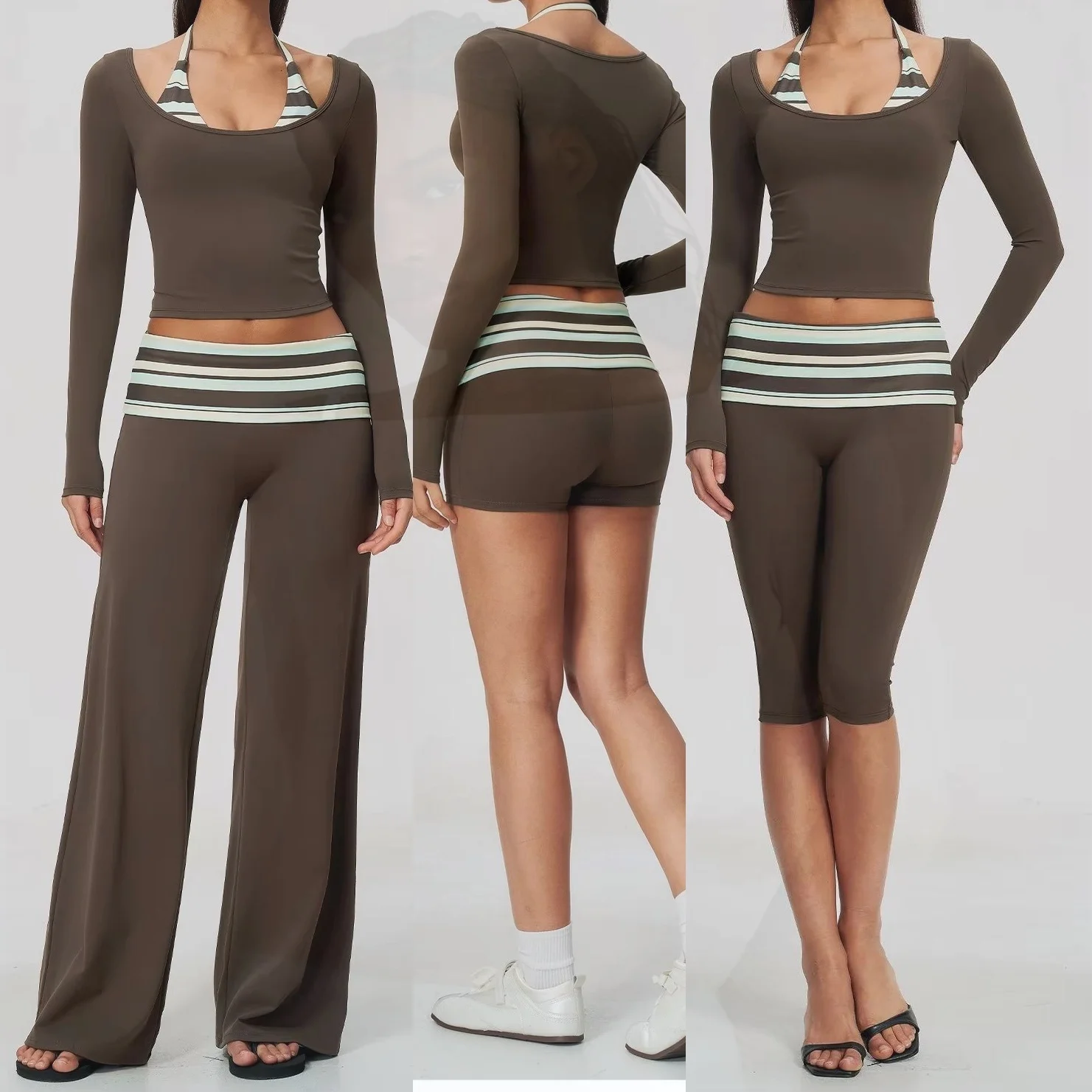 SW+T Women Long Sleeve U-neck Crop Top High Waist Striped Wide Leg Pants Capri Workout Shorts Gym Active Matching Sports Outfit