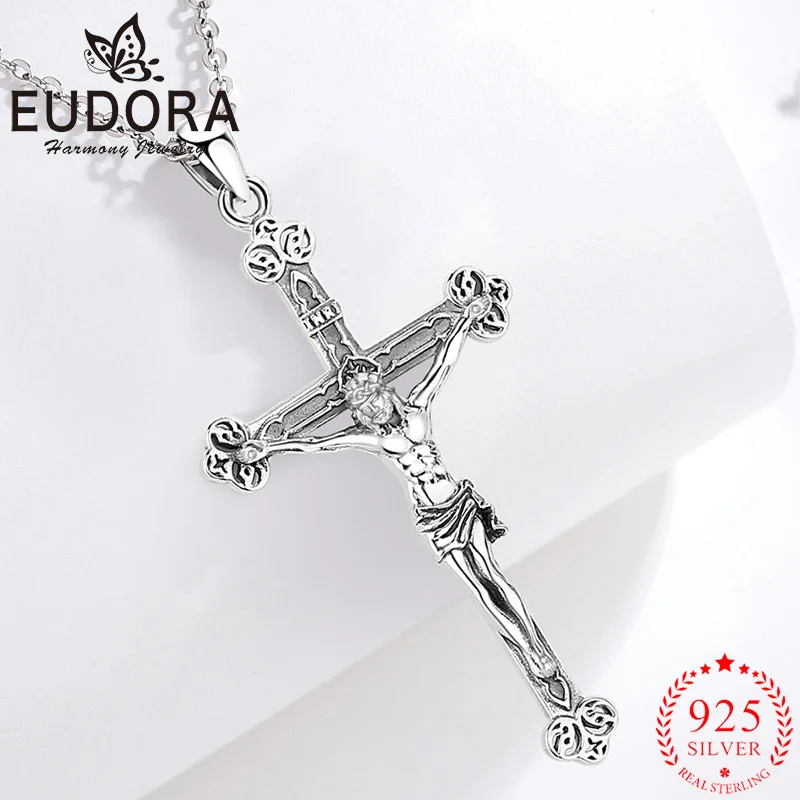 Eudora 925 Sterling Silver Jesus Necklace Crucifix Cross Christian Amulet Pendant Vintage Personality Jewelry for Men Women