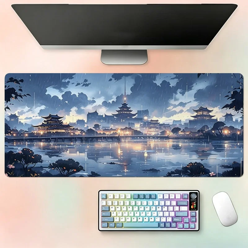 Quiet and serene rain-swept landscape print mouse pad featuring the Eastern Pagoda City, easy to clean alfombrillas gaming