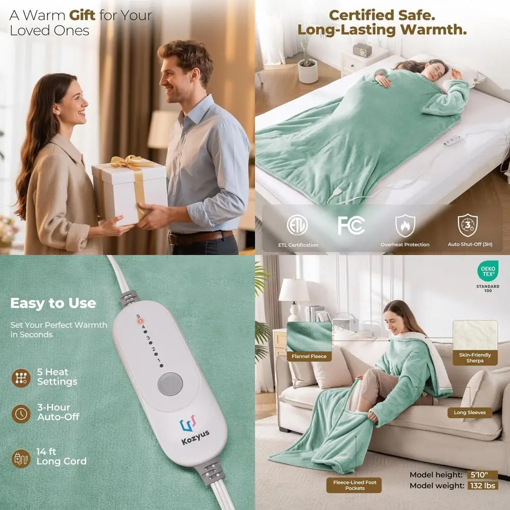 

Heated Blanket with Foot Pocket & Sleeves, 5 Temperature Settings, Auto-Off, Washable, 50x70 inches, Light Green