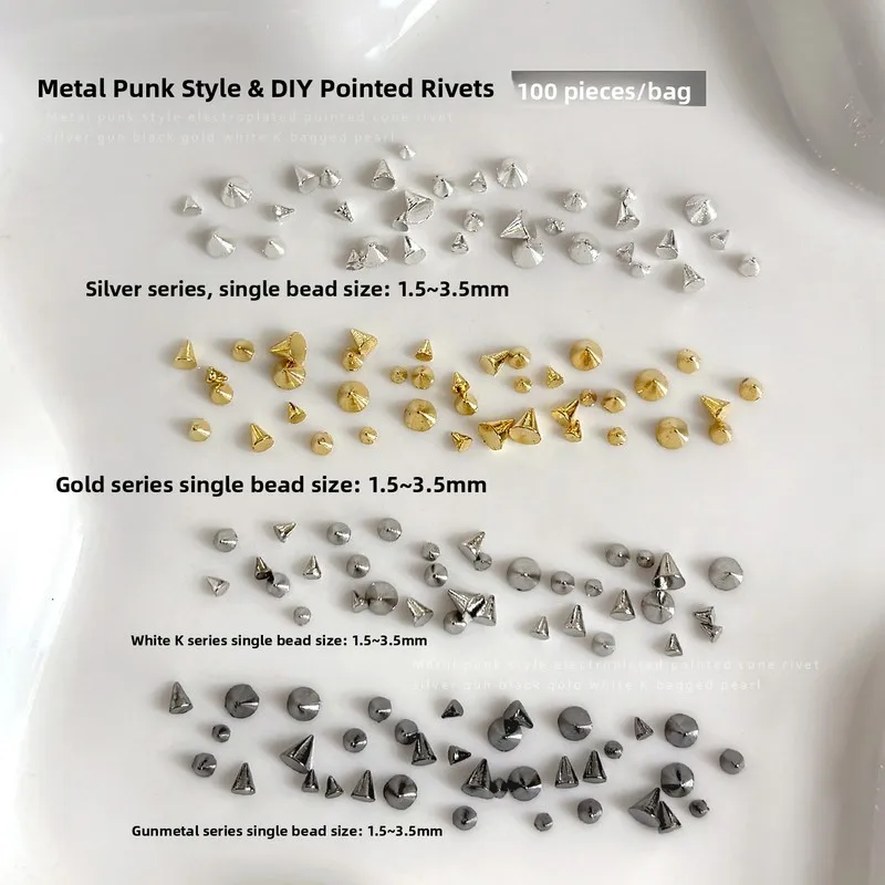 LYLE 100pcs Cone Metal Rivet Nail Charms Hot Y2K Punk Style Gold Silver Black Cone Press On Nail Manicure Accessories