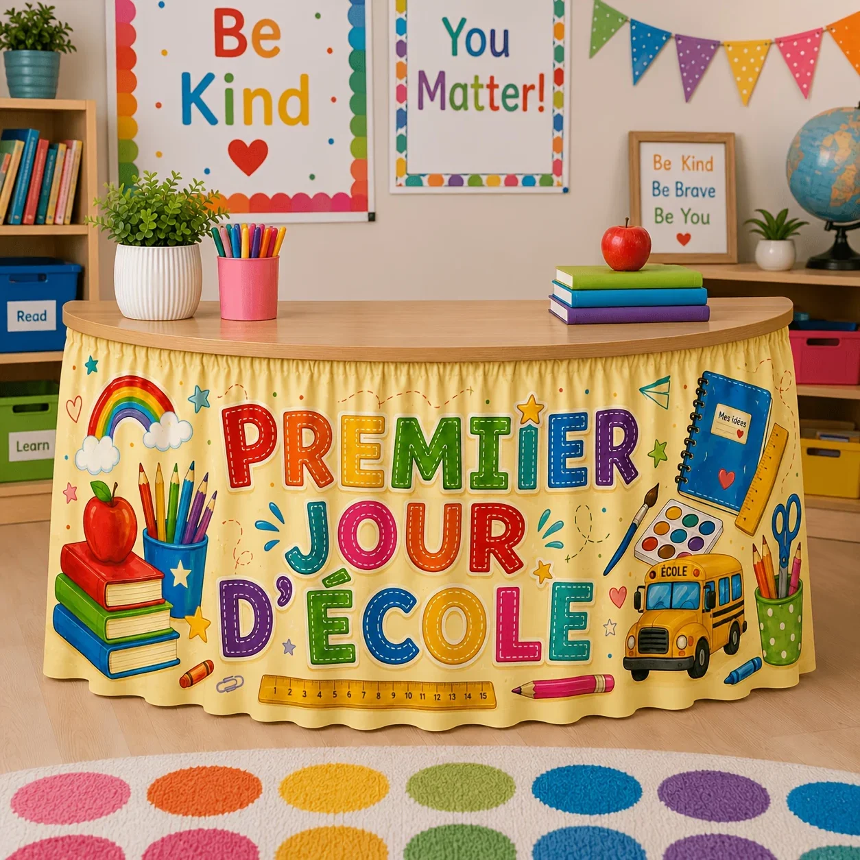 Send a tablecloth 1 piece. Colorful campus theme tablecloth. Includes books, pencils.