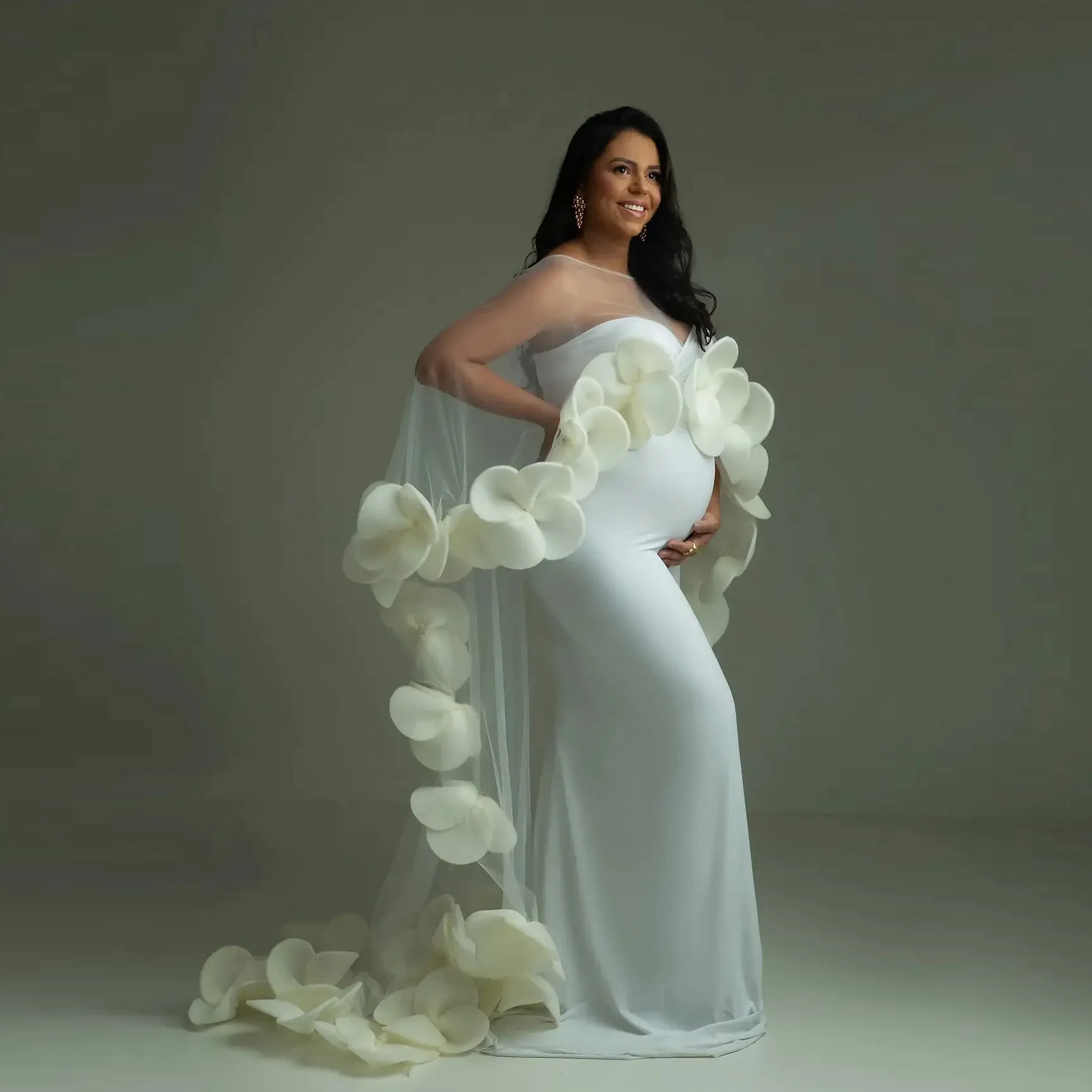 マタニティドレス ショール付き 3D 花柄写真撮影 オフショルダー 恋人 妊婦ガウン マーメイド ロングケープ マキシドレス ストレッチ