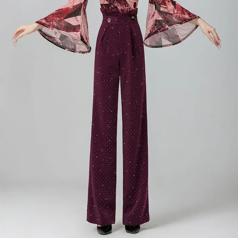 

Doubl High-end Moden Dance Pants Pressed Diamond Ballroom Female Pants sag Ballroom Performance High-waisted Dance