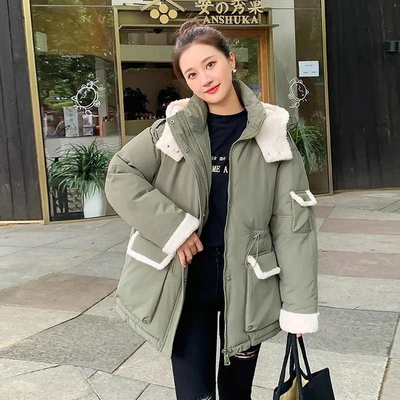 

Winter Women Lambswool Spliced Cotton Coat Thicken Overcoat Hooded Parkas Coats Female Warm Padded Outerwear Down Jacket EWRFQ