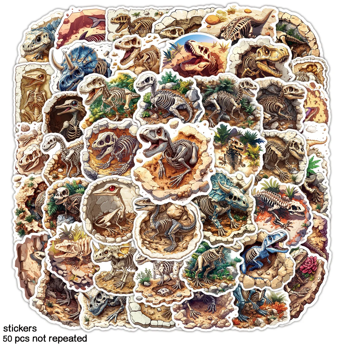 

50PCS Dinosaur Fossil Stickers Archeology Cartoon Style Graffiti DIY Decoration Luggage Notebook Waterproof Stickers Kids Toy