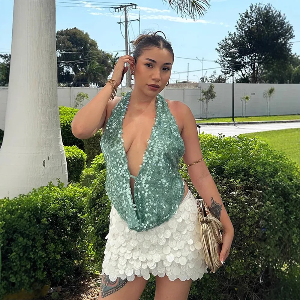 

2026 Summer Women's Cross-border Trade New Style Sexy Sequin Halter Backless Top
