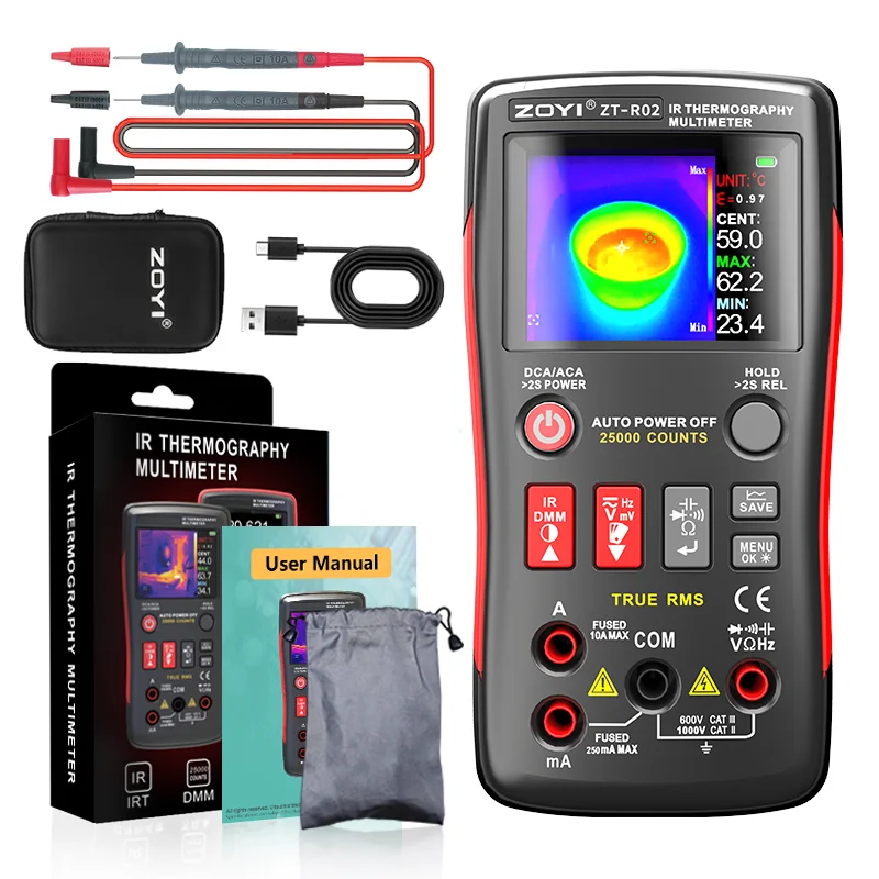 جهاز تصوير حراري ثنائي الفينيل متعدد الكلور مقاس 2.4 بوصة من الدرجة الصناعية ZOYI مع مقياس متعدد 25,000 عدد للاختبار الكهربائي للوحات الدوائر.