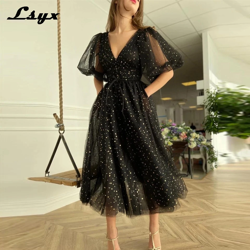 

LSYX Black Starry Evening Dresses 2023 V-Neck Short Puffy Sleeve Tea-Length Tulle A-Line Sparkly Party Prom Gown Homecoming