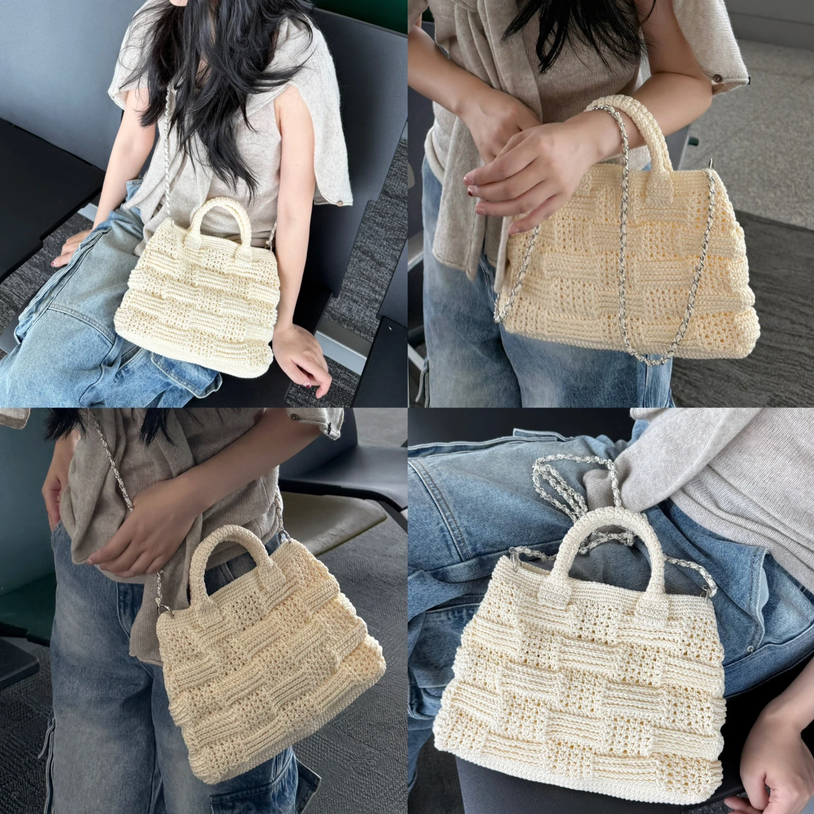 女性用ニットグリッドトートバッグ素材キット未完成品フックヤーンフィッシュレディラインナレートテクスチャードスクエアdiy織り物