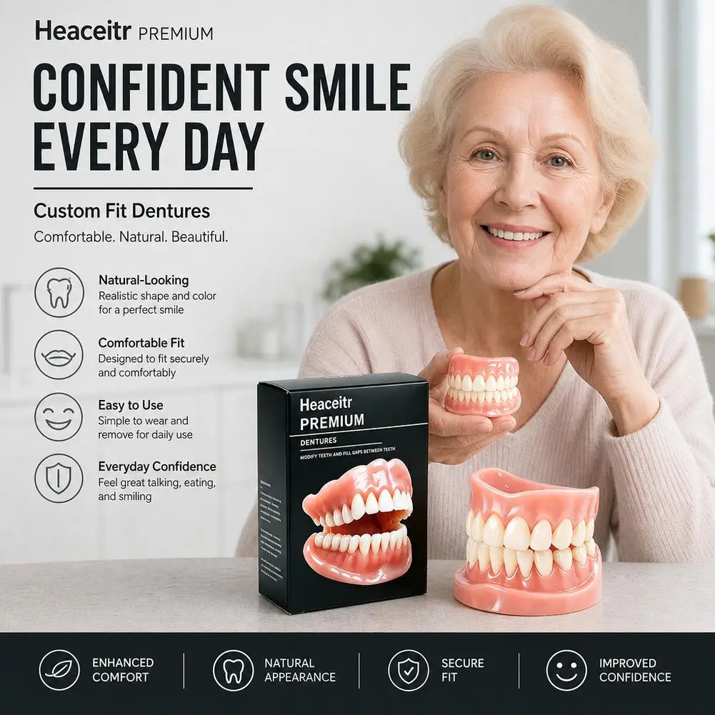 Realistic Silicone Full Dentures Kit Upper & Lower Soft Comfort Natural False Teeth for Seniors Temporary Solution