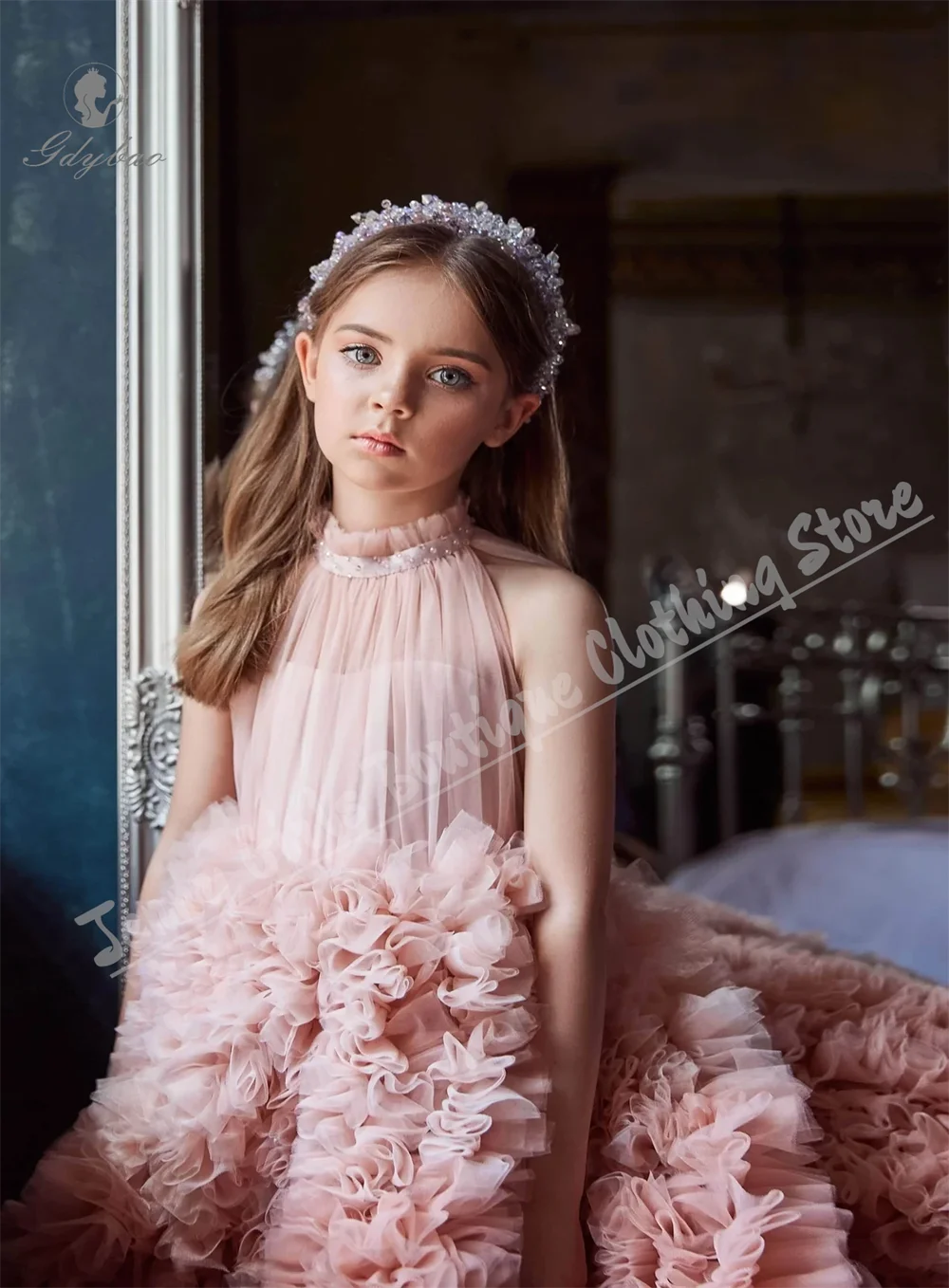 

Customize Flower Girl Dress Halter Ruffles Tulle Party Gown Long Puffy Princess Bridesmaid's Birthday Dresses