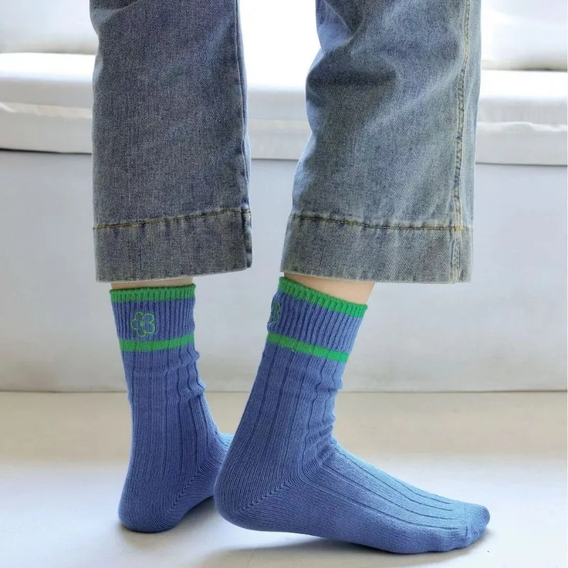

Woman Socks Color Block Cotton Socks For Women Flowers Letter Embroidery Stocking Sweet Middle Tube Stocking Sweet Scoks