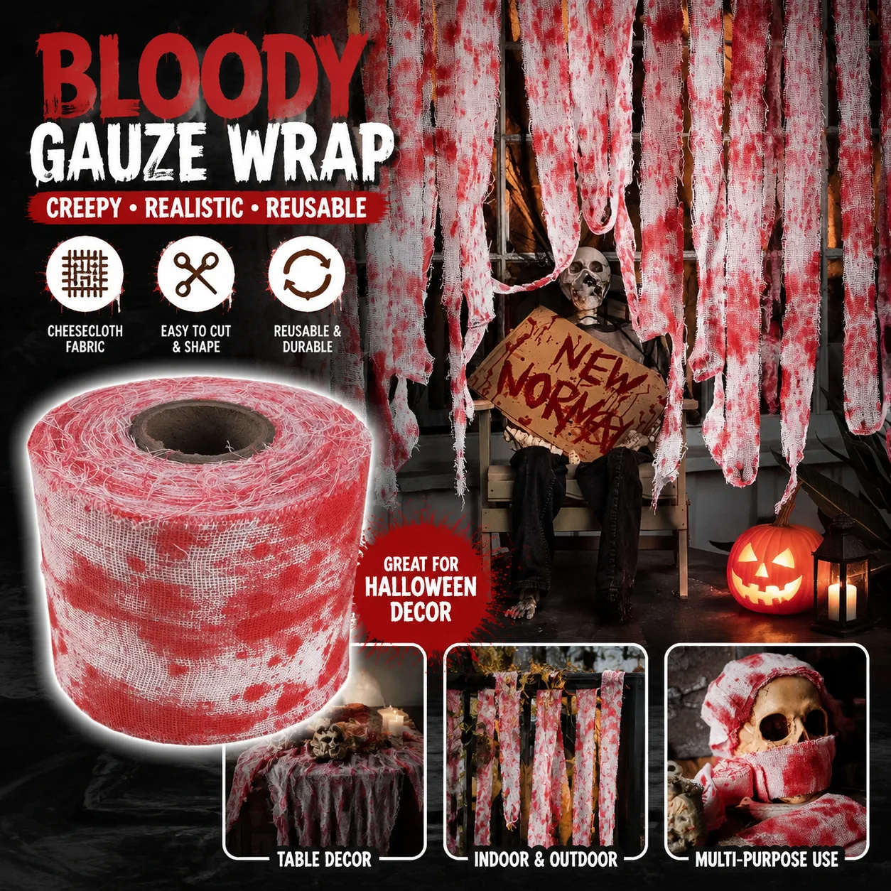 Halloween Blood Splatter Gauze Bandage Roll Spooky Horror Decor Fabric for Haunted House Party Cosplay Props