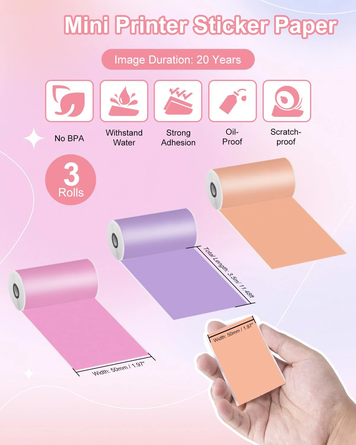 T02 White Transparent And Color Thermal Paper Sticky For M02/T02 Mini Printer 53mmx3.5m for Journal Photo Text Notes,3 Rolls