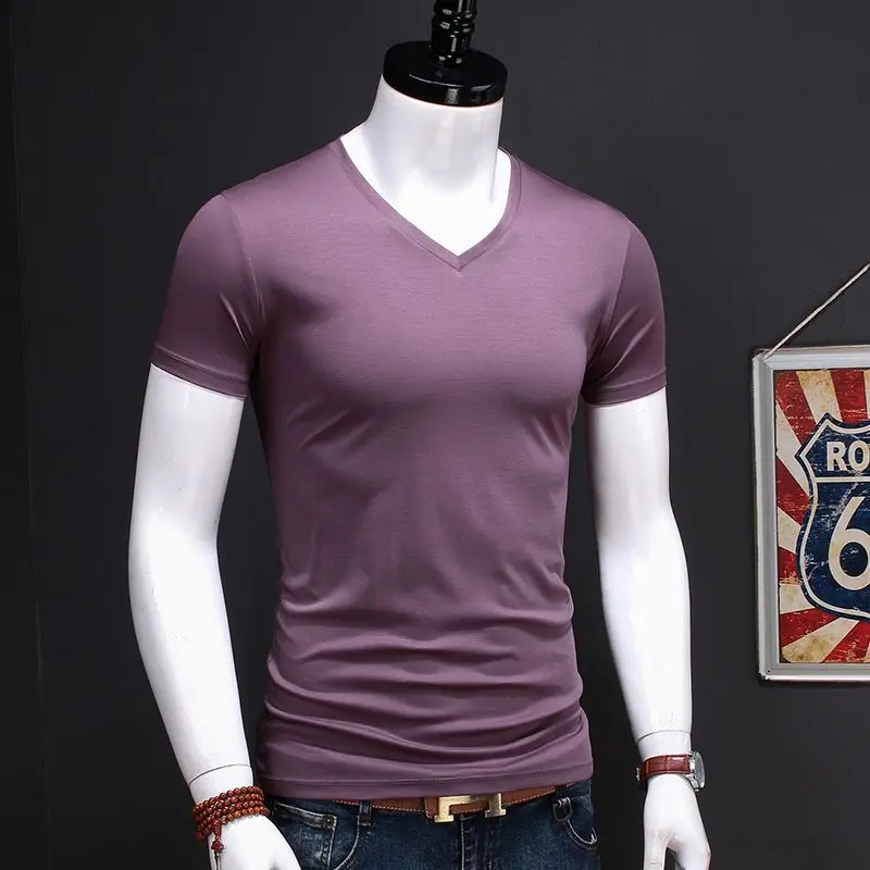 Mens Short Sleeve Fashionable and Lightweight Summer Wear 2023 Casual Pure Smooth Ice Silk Lovers V-Neck T-shirt