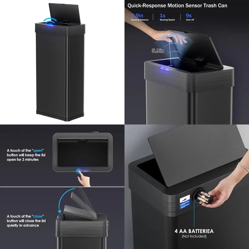 

16-галлонный бесконтактный мусорный бак из нержавеющей стали с датчиком движения и держателем для сумки