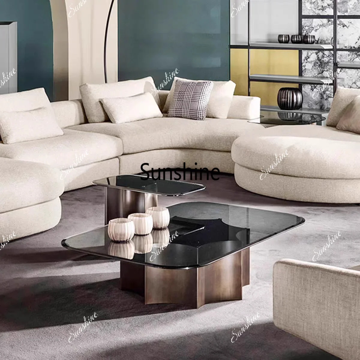 Light luxury tempered glass coffee table living room household stainless steel tea tableTJ