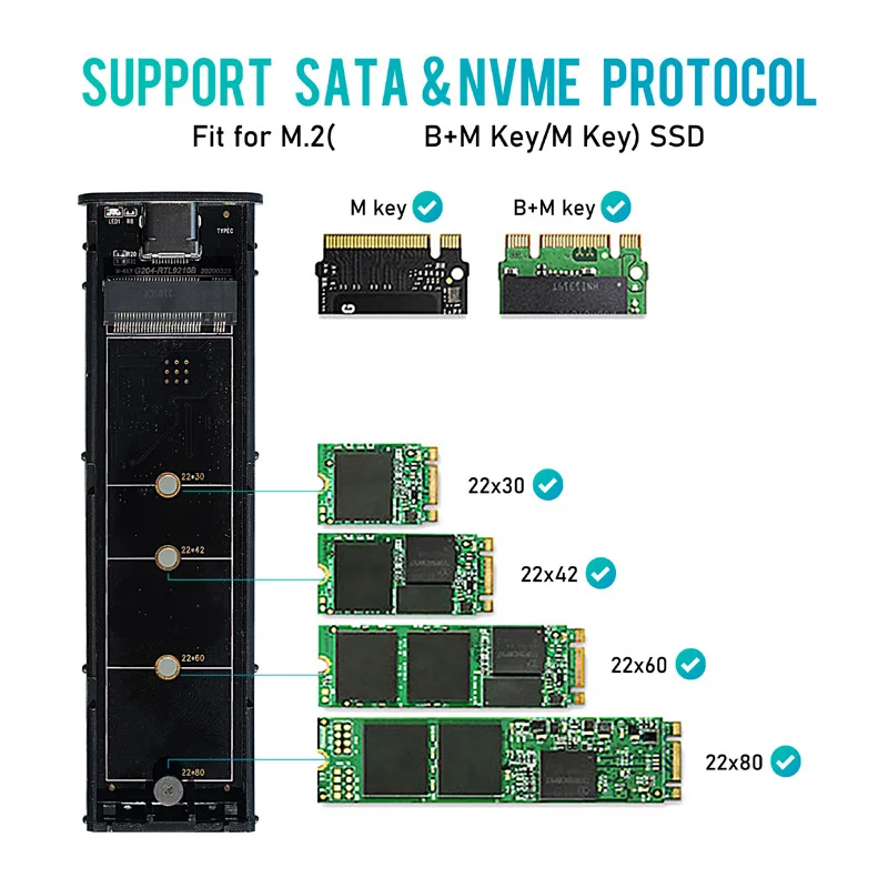 M2 SSD Caso NVME Gabinete M.2 para USB SSD Adaptador para NVME PCIE NGFF M.2 SATA SSD M/B + M Chave 2230/2242/2260/2280 M2 Protocolo Duplo