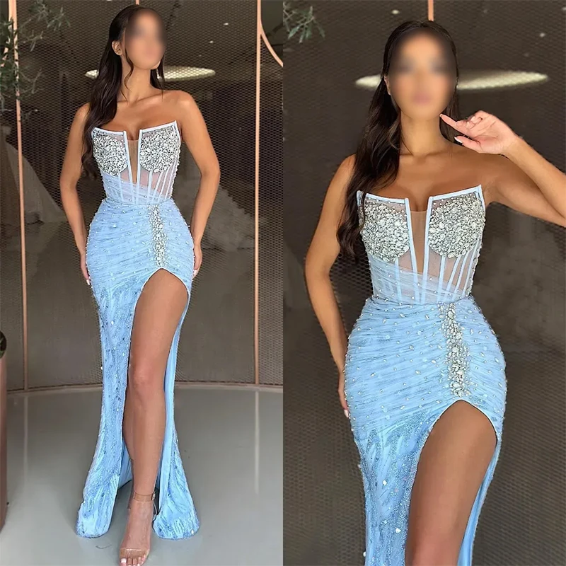 

Customized Luxury Blue Strapless Evening Dresses Women Sexy Beaded Perspective sensation Side Slit Mermaid Prom Dresses 2025