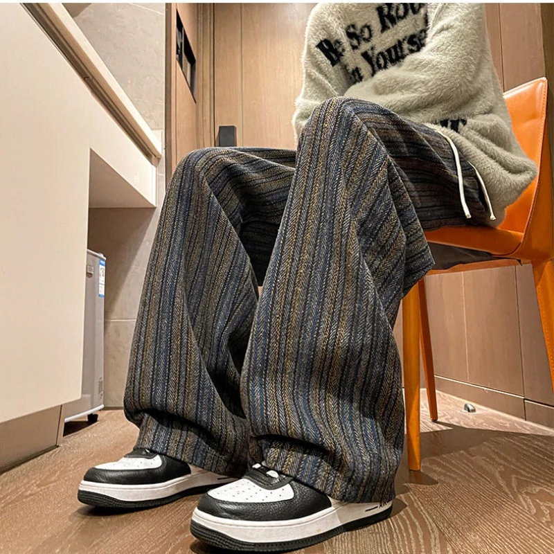 

Relaxed Fit Wool Blend Trousers Men, Classic Stripe Wide Leg Pants, Neutral Color Palette Vintage Street Style Fall Office Pants