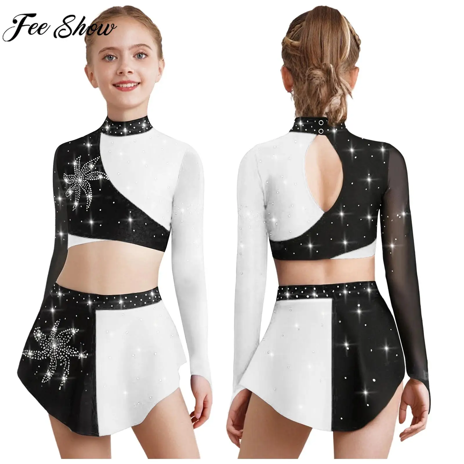 Children Girls Lyrical Modern Figure Skating Ballet Dance Costume Sheer Mesh Long Sleeve Shiny Rhinestone Crop Top Leotard Skirt