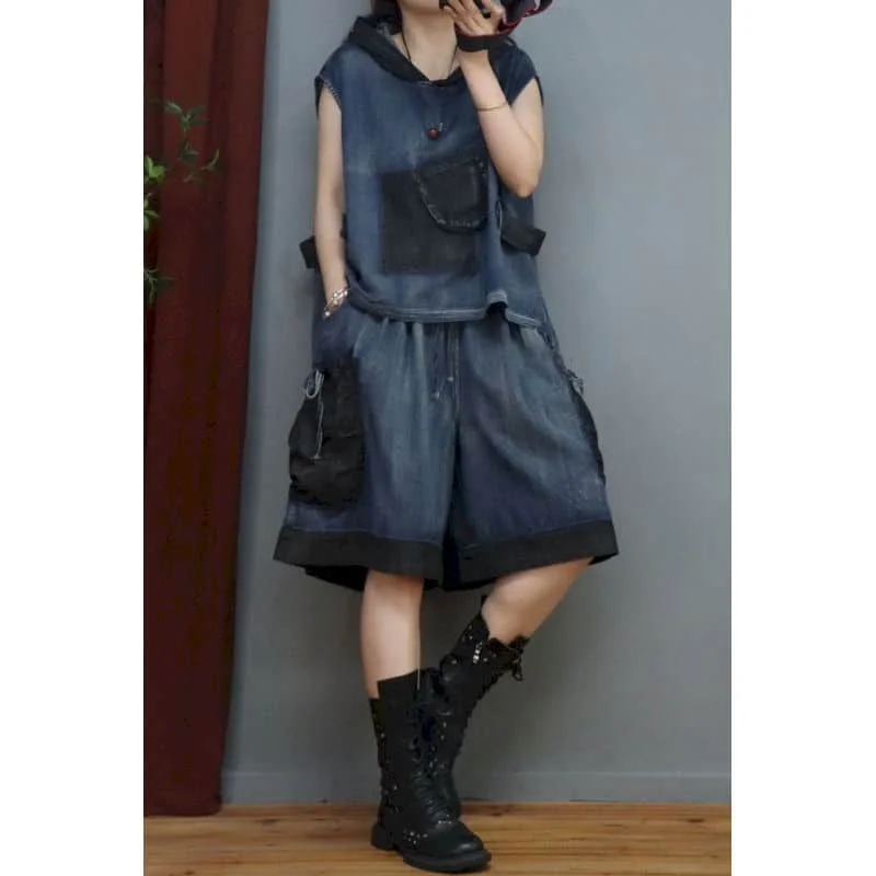 Oversized Short Sets Denim Casual Hooded Vest Loose High Street Elastic Waist Shorts Women Denim Two Piece Sets Women Outfits