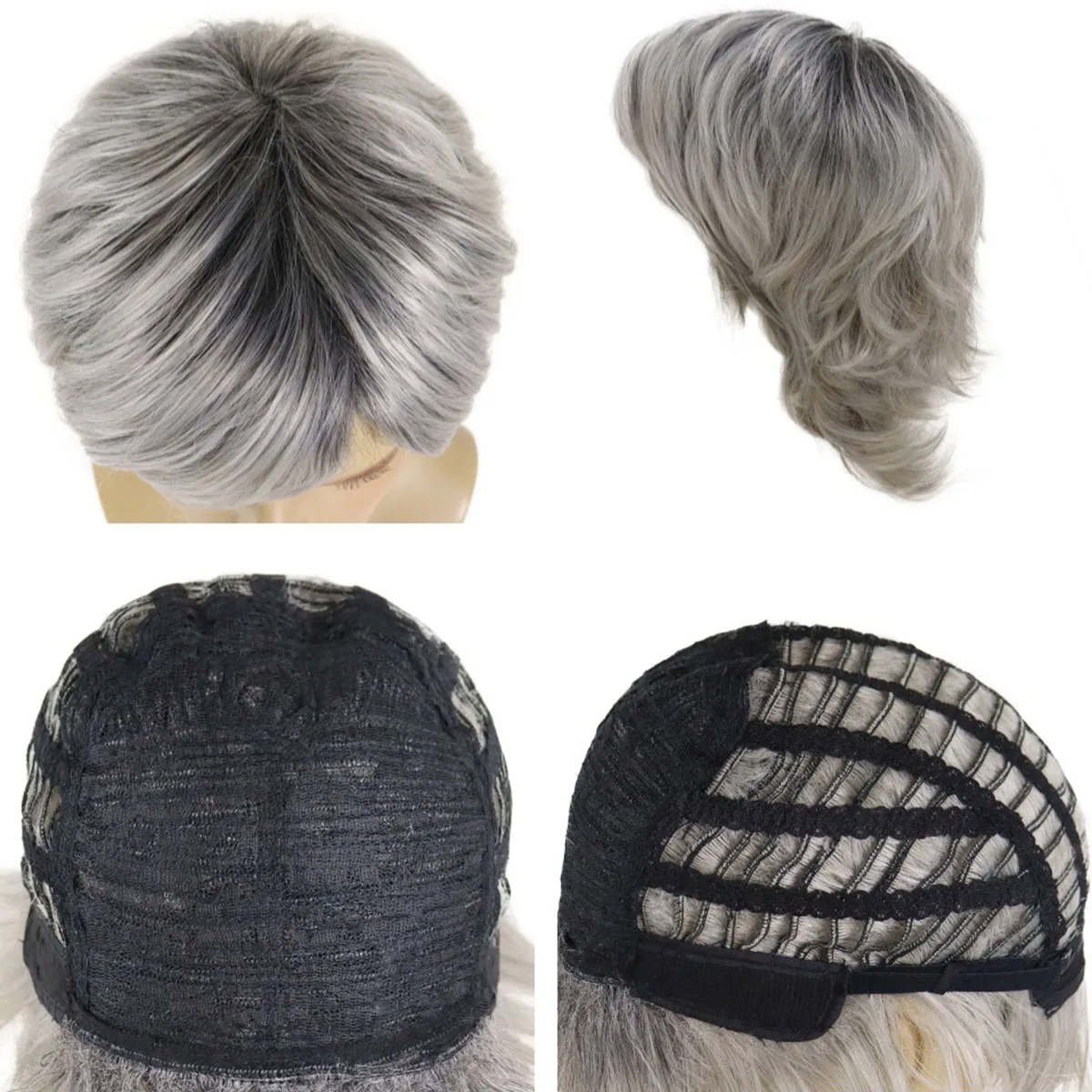 Perucas cinza ombre para homens, cabelo sintético, peruca curta com Franja, raízes escuras, cor gradiente, peruca velha, penteados naturais, cosplay