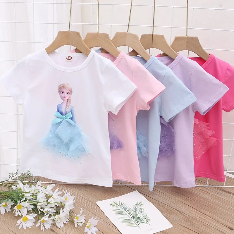 

Cotton Summer Girls Tee Kids T-shirt Short sleeves Frozen Elsa For Children Party Princess Disney Girls Clothes Costumes Ariel