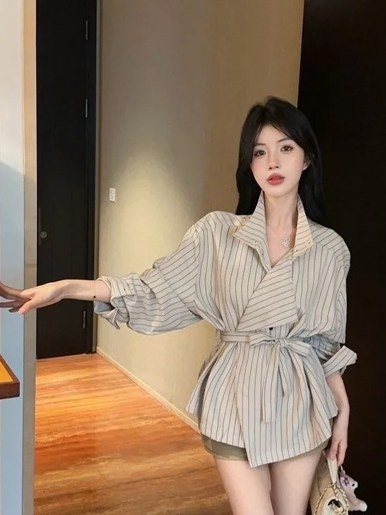 

Корейский топ в полоску для женщин, удлиненный, с поясом на талии, осенний, новый, модный, стройнящий, повседневный, свободного кроя