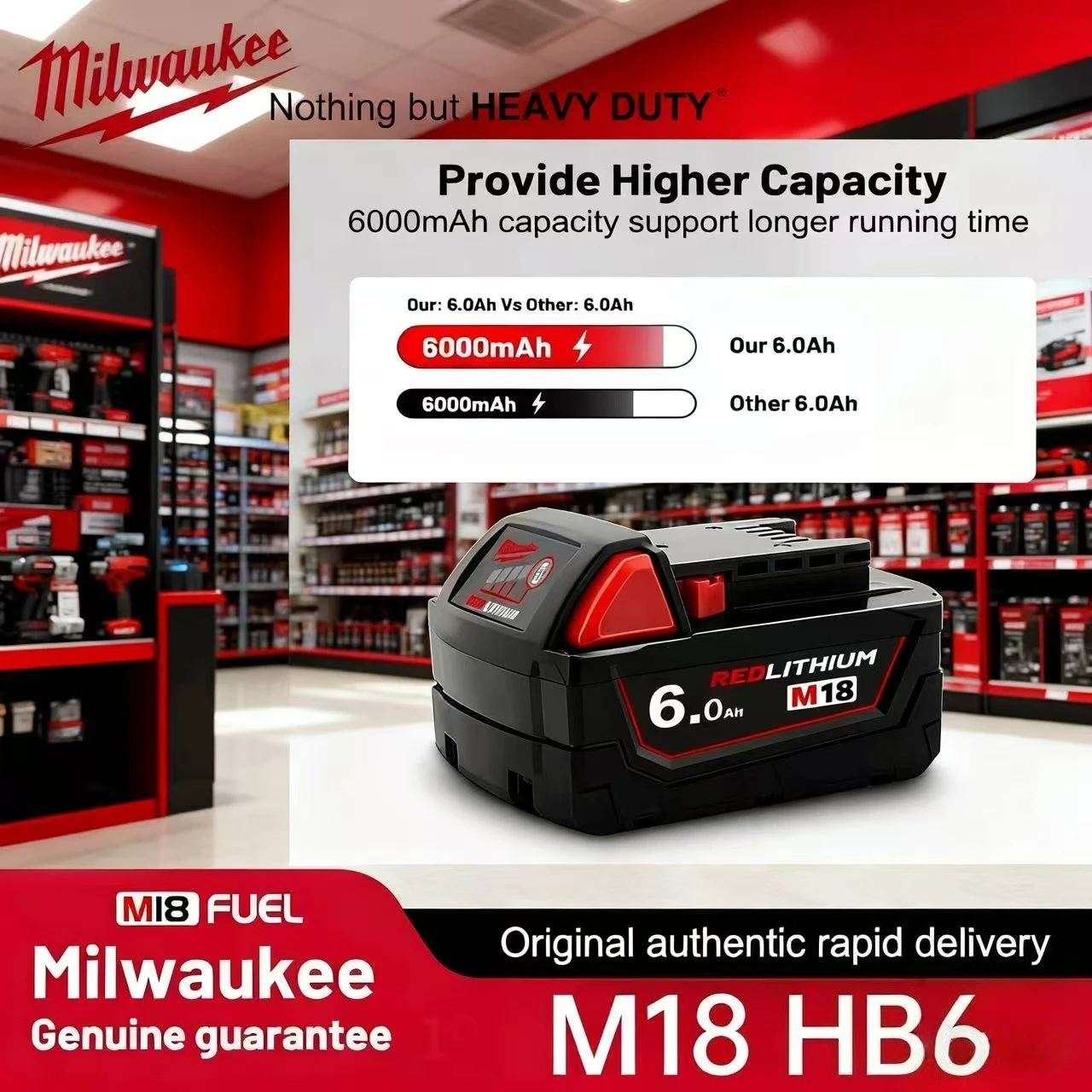 

Milwaukee Battery M18 18V 6.0Ah 8.0Ah 12.0Ah Replacement Lithium Battery for Milwaukee M18 48-11-1815 48-11-1850 2604-22 Battery