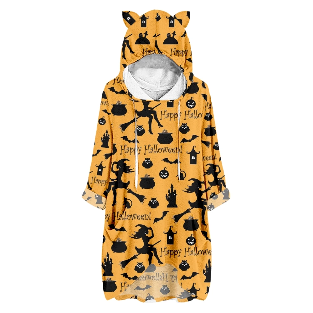 

Women's Hoodie Loose Half Sleeve Halloween Printed Casual Fashion Women Cat Ears Sweatshirt Hoodies