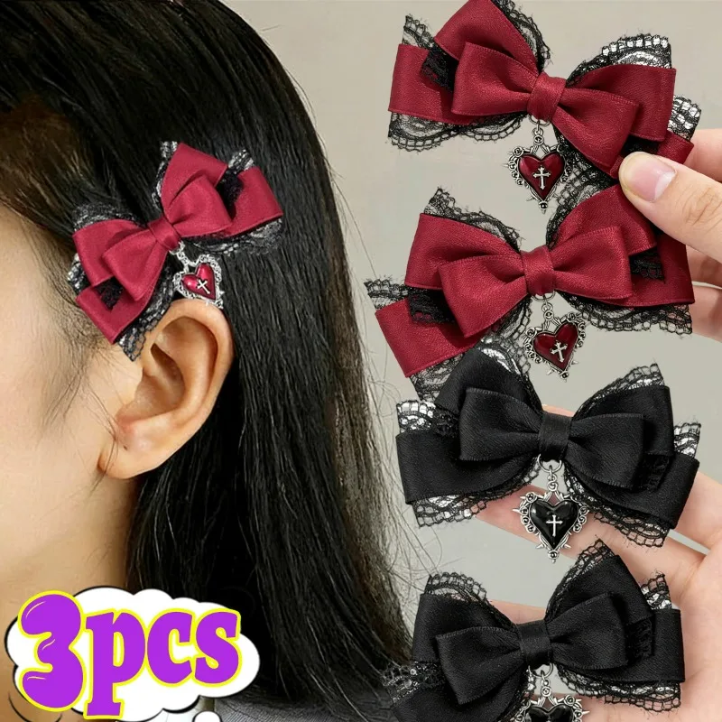 

1/3Pcs Subculture Bowknot Cross Hair Clip Girls Y2K Headwear Ribbon Headdress Wine Red Cross Punk Lolita Bangs Side Hairpins