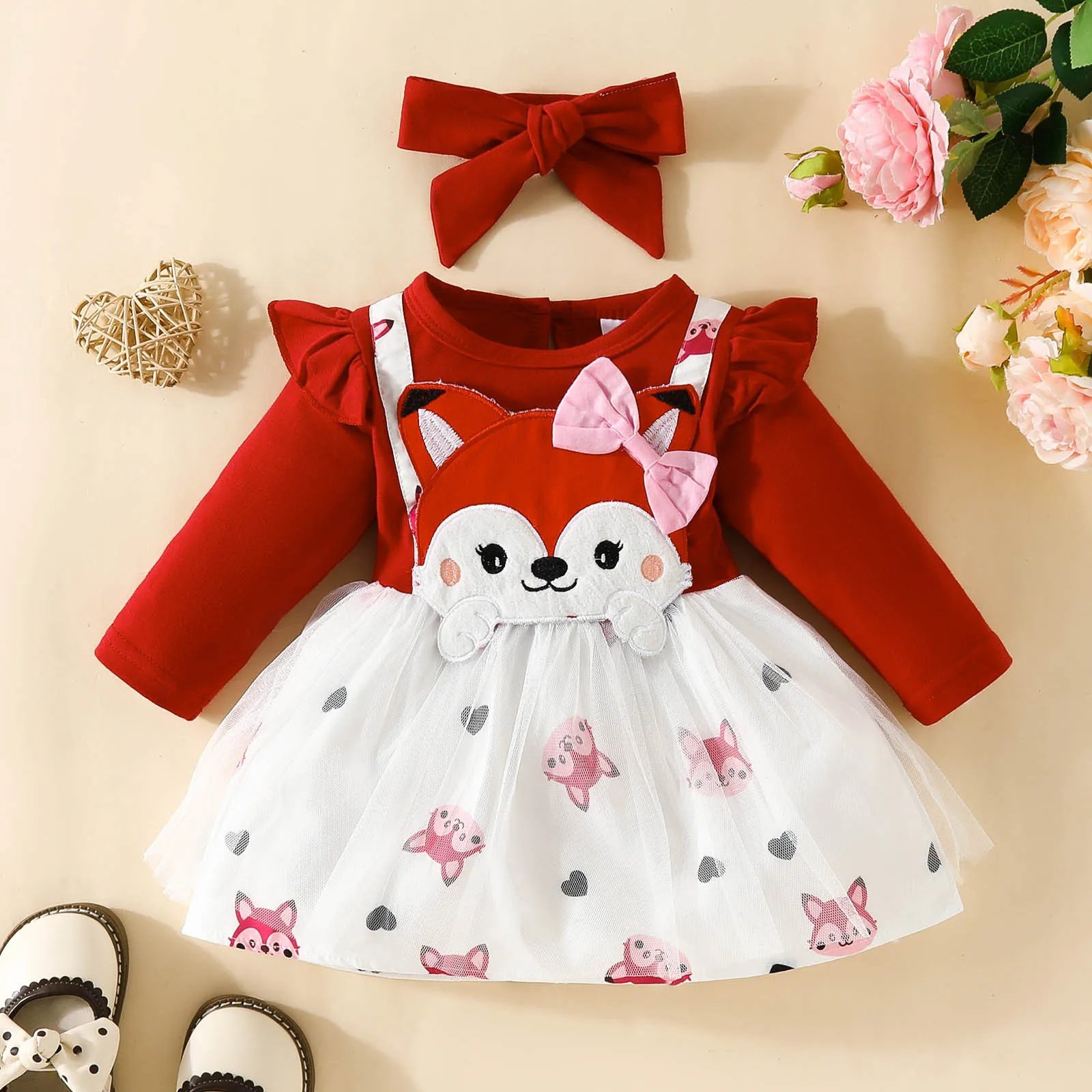 

2 Pieces of Girls Long Sleeves Mesh Dress Kazakhstan Baby Girl Fox False Suspenders Mesh Skirt Which Contains Bag Fart Briefs