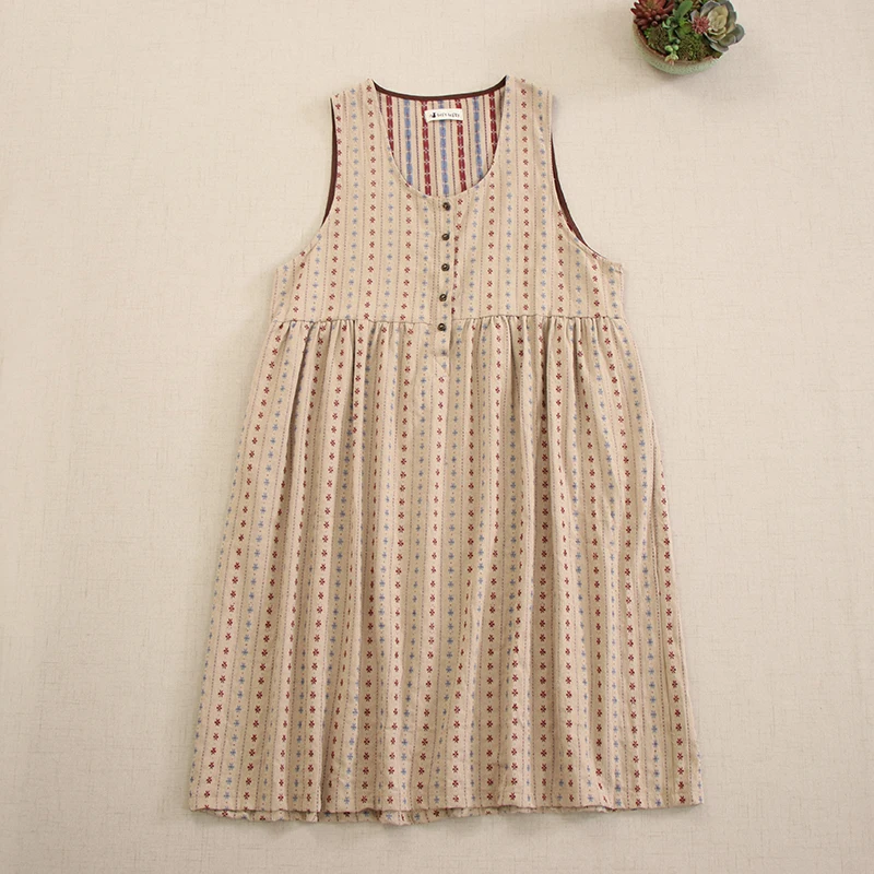 

Sweet Mori Girl Jacquard Stripe 100% Cotton Tank Dress Women Spring Autumn Sleeveless O-Neck Casual Loose Outwear Vest Dresses