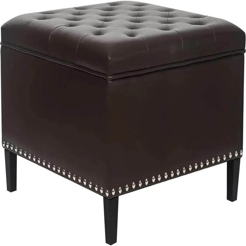 

Square Brown Faux Leather Ottoman Bench and Coffee Table with Wood Legs for Living Room