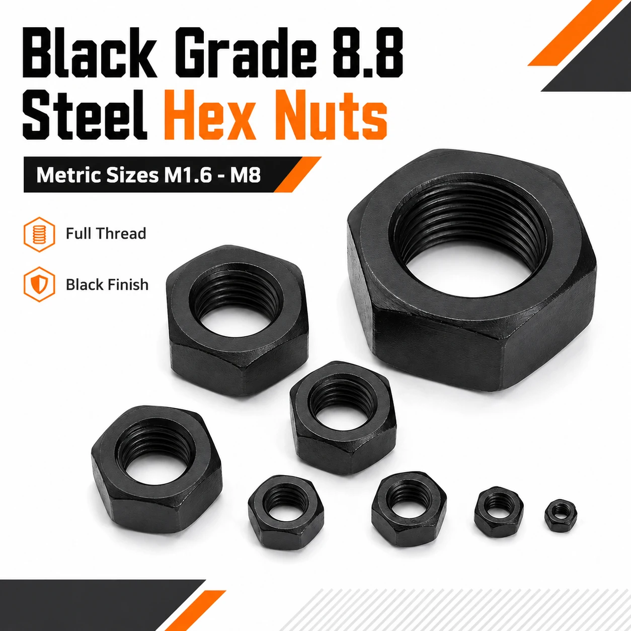 25-200Pcs M1.6 M2 M2.5 M3 M4 M5 M6 M8 Black Hexagon Nuts, 8.8 Grade Carbon Steel Hex Nut Assortment Kit Thread Fastener