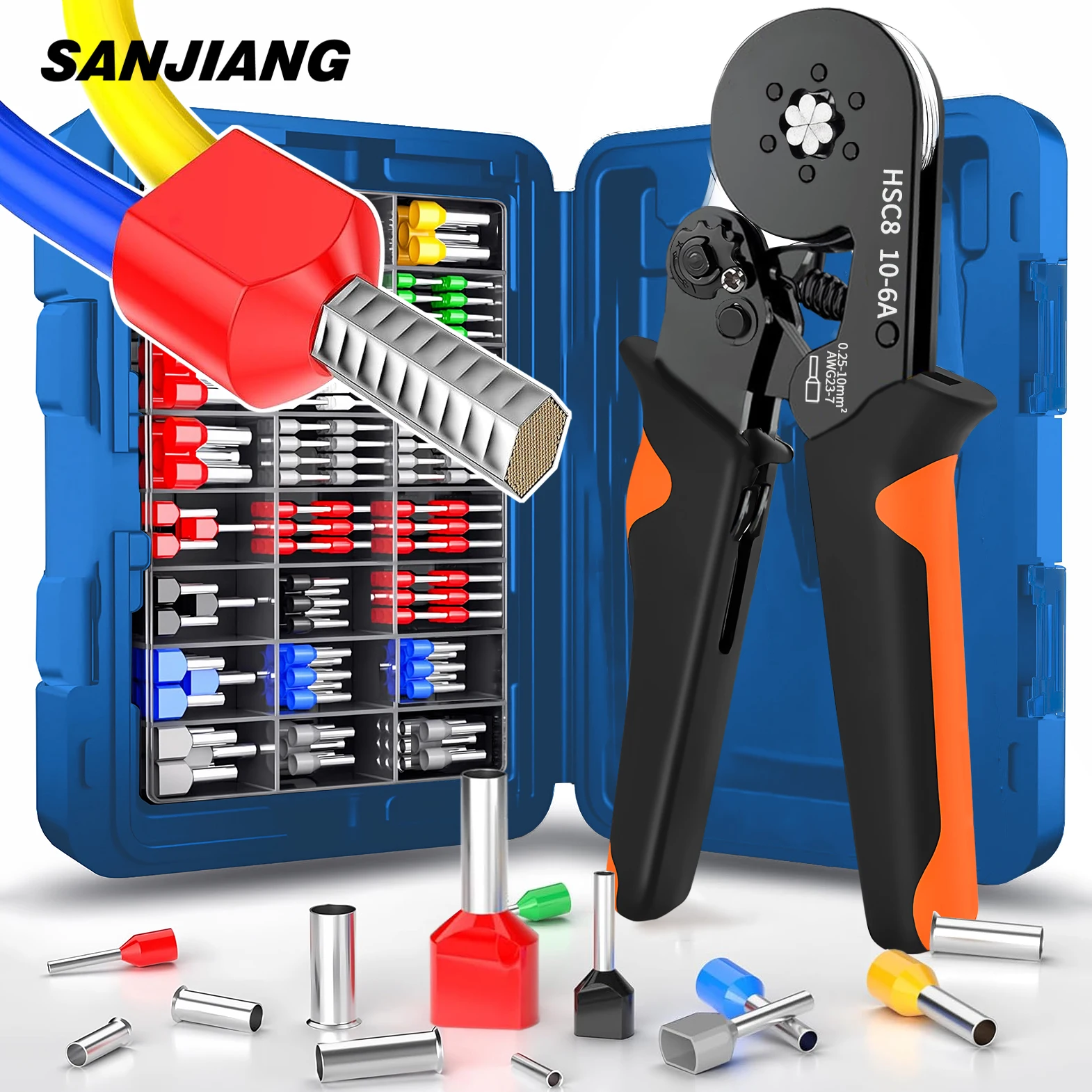 Ferrule Crimping Tool Kit with Tubular Wire Connectors Toolbox Hexagonal Sawtooth Self-Adjustable Ratchet Wire Terminals Crimper