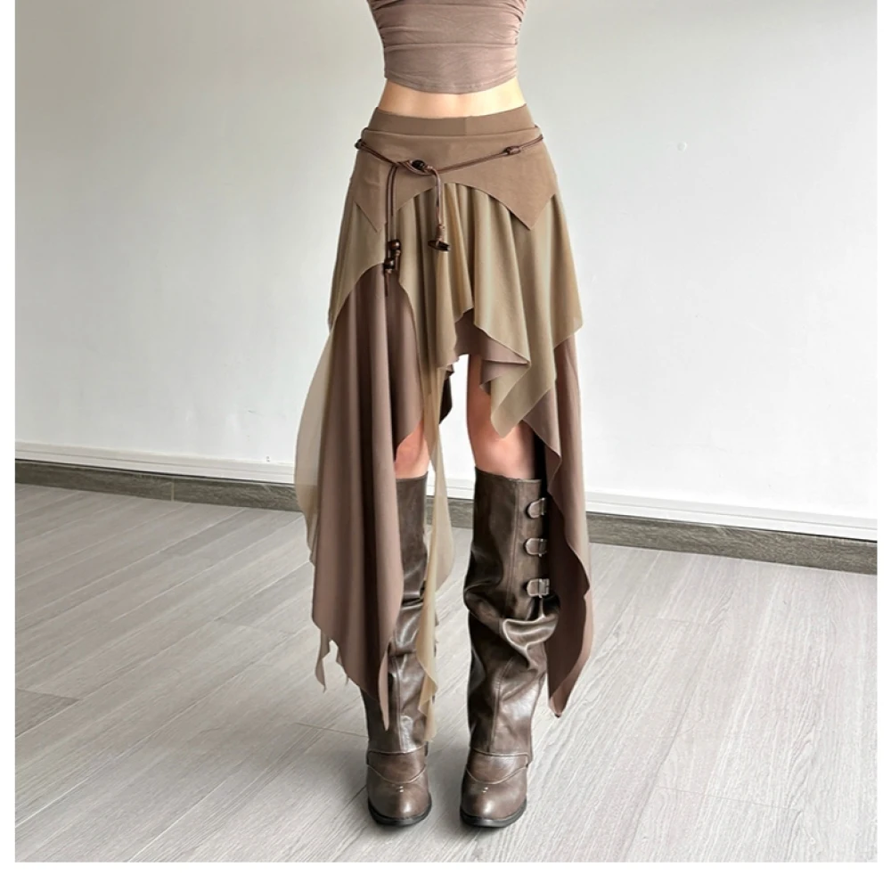 SylCue Ruched Elegant Long Skirts Women High Street Style Solid Irregular Split Hem High Waist New Fashion Causal Simple Bottoms