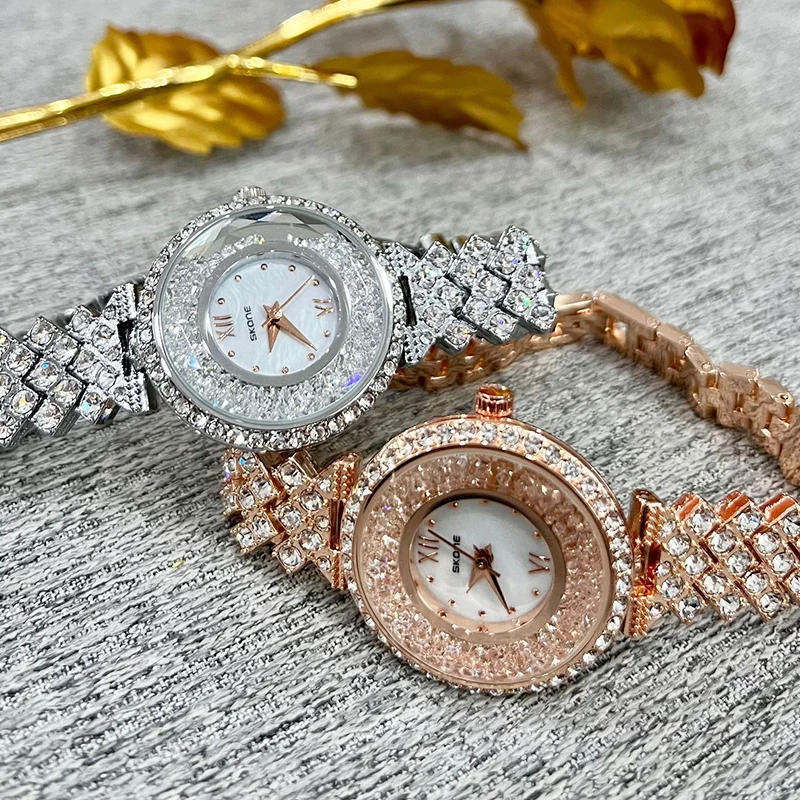 SKONE 틈새 다재다능한 여성용 시계, 흐르는 모래 풀 다이아몬드 라이트 럭셔리 패션 기질 쿼츠 시계