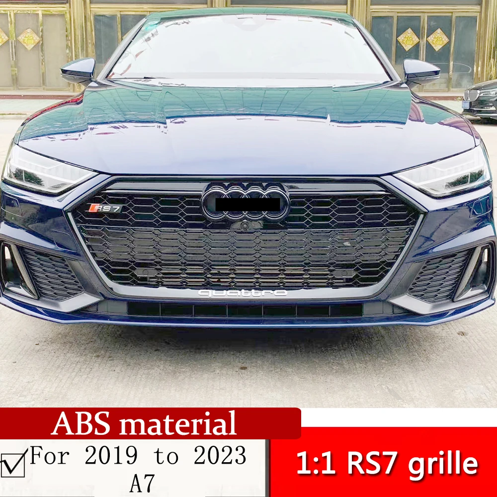 For 2019 to 2023 A7 change 1:1 RS7 grille glossy black n chrome silver ABS material C8 front face honeycomb grille with ACC