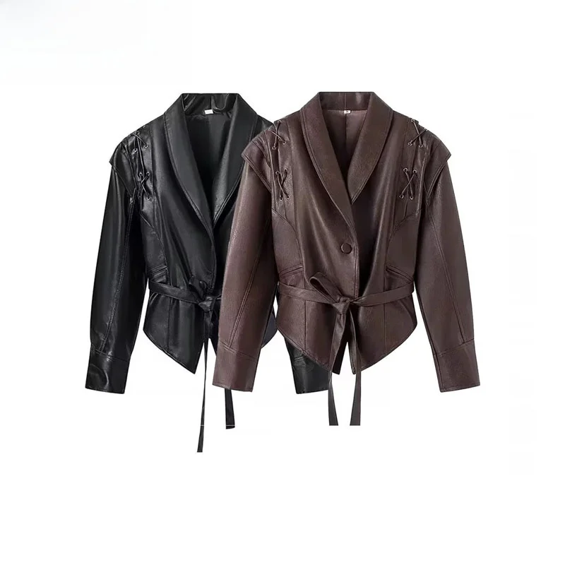 Faionable Motorcycle Leather Jaet Women's Slim Fit Belted Versatile Outerwear Autumn New Arrival Warm Long Sve Coat